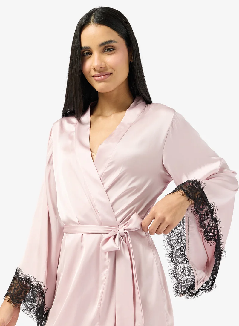 Ginger Satin Robe with Contrast Lace Trim